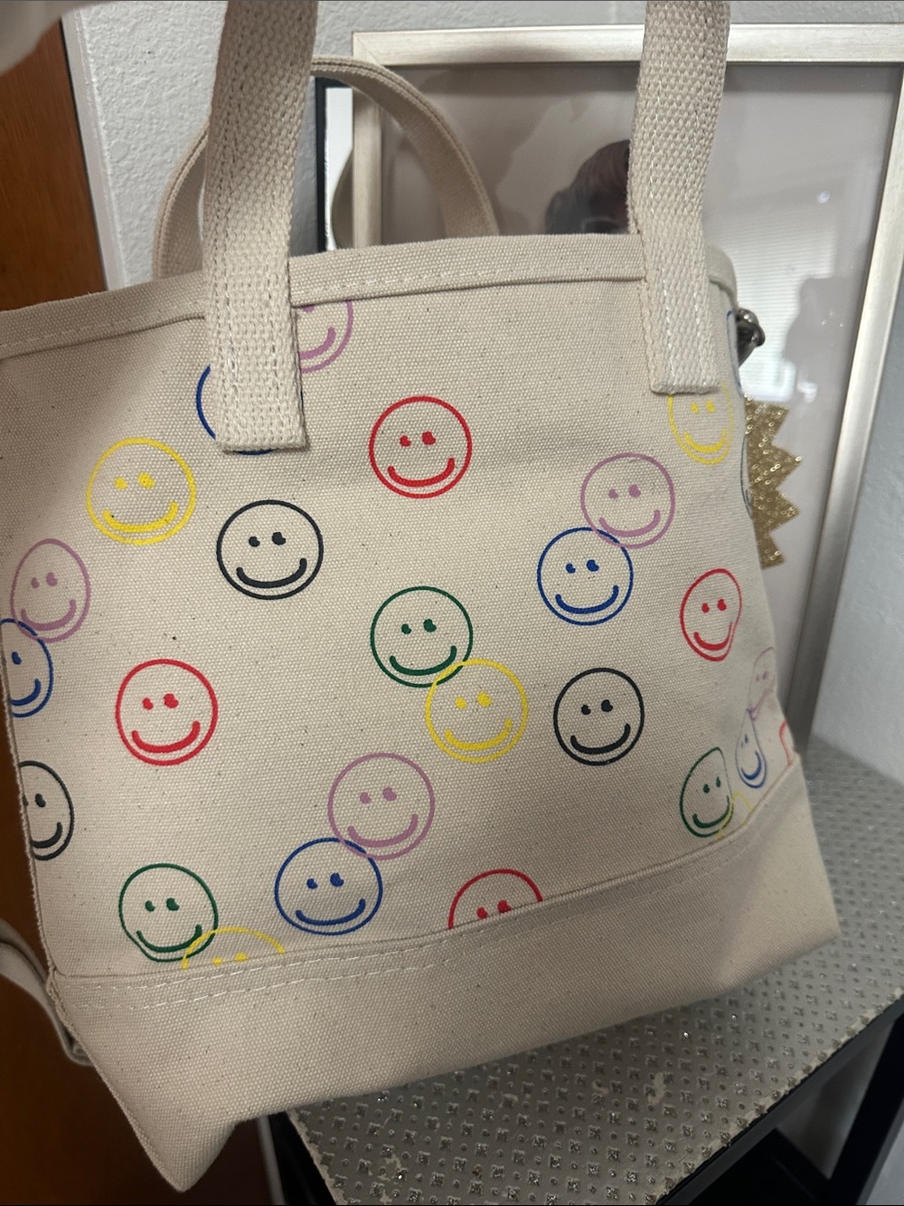 KULE smiley face all over print canvas bucket bag - Picture 4 of 10